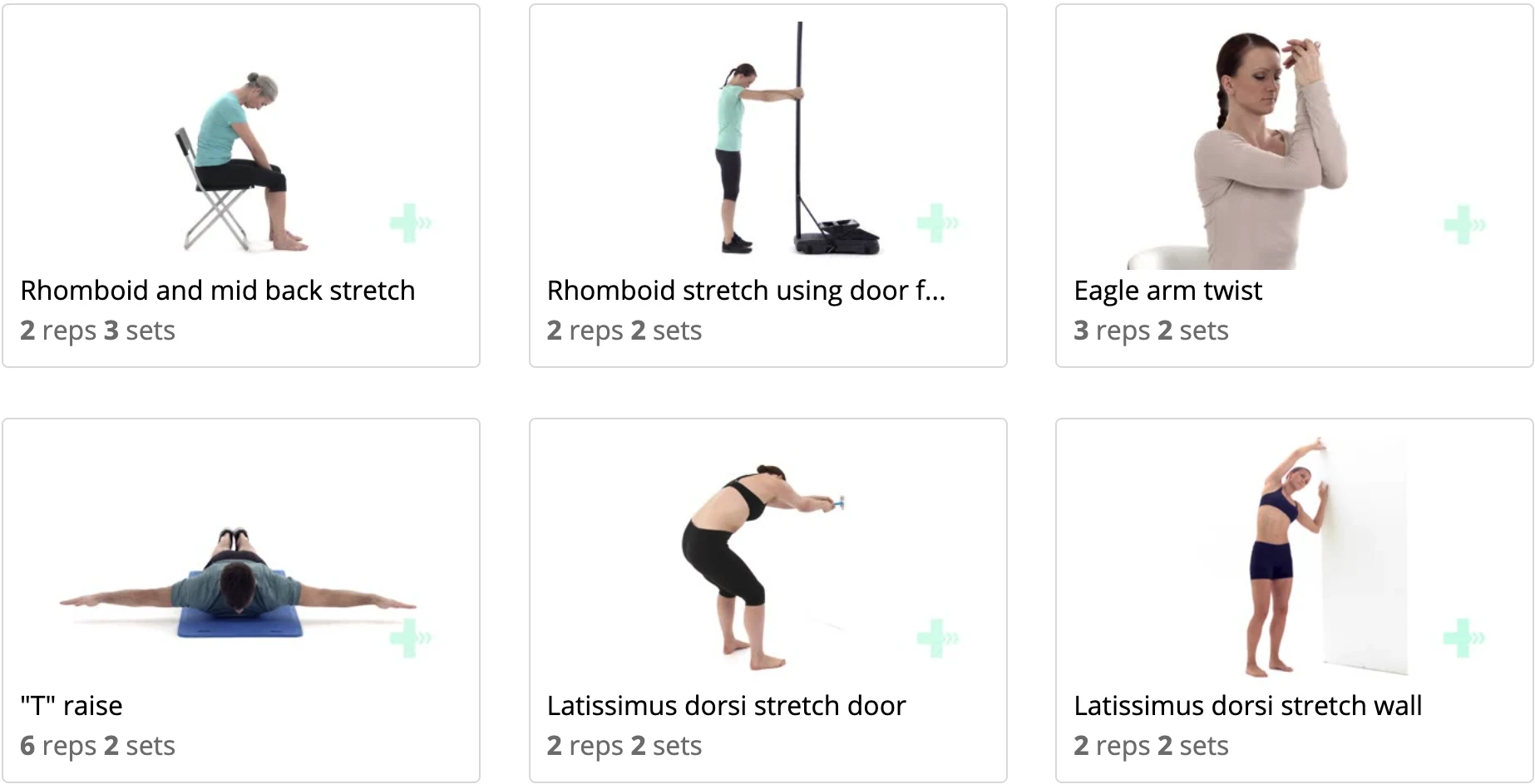 Arms and Back programme screenshot showing sample exercise videos and prescribed reps and sets